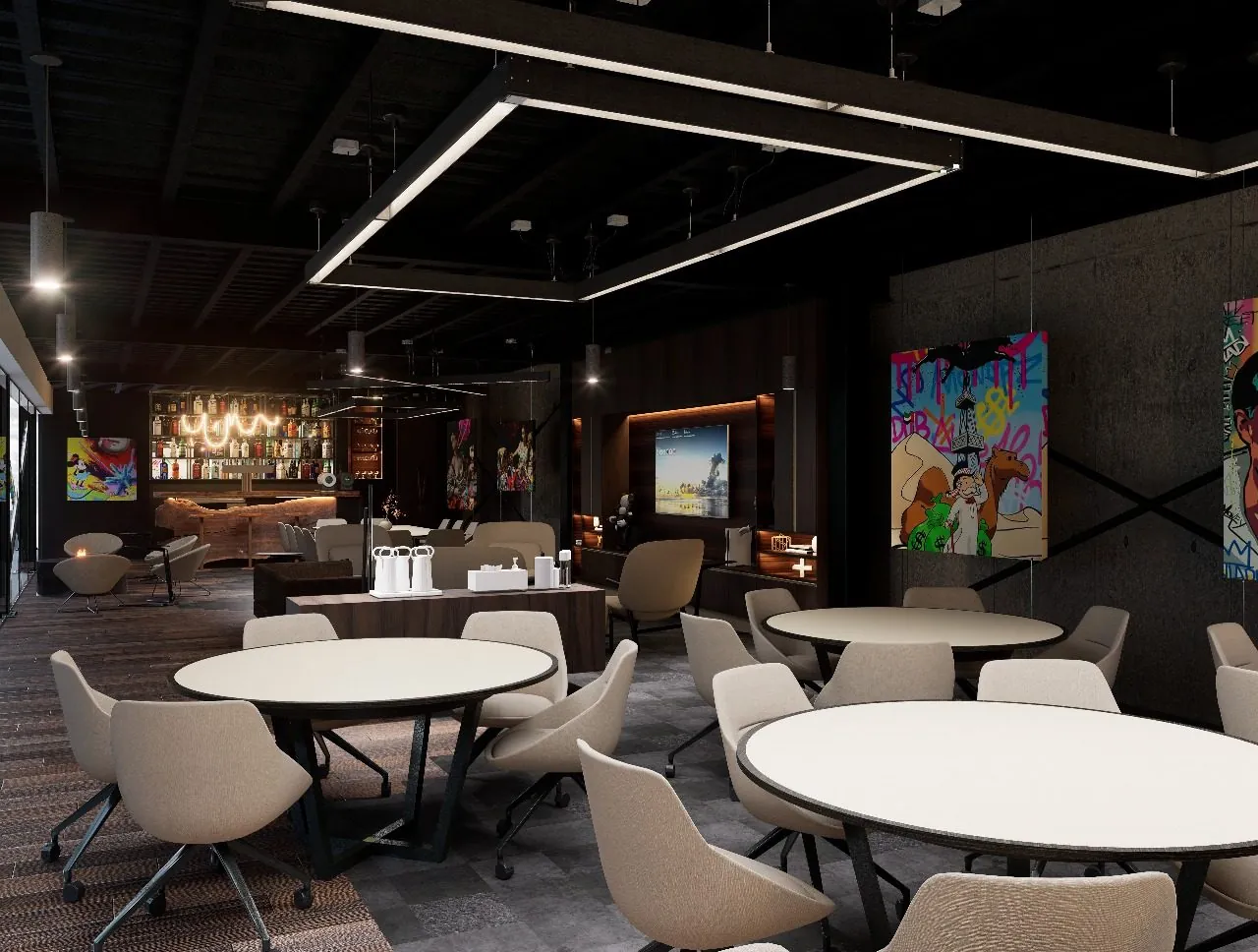 Grupo AM: lounge corporativo oscuro con arte contemporáneo y bar interior